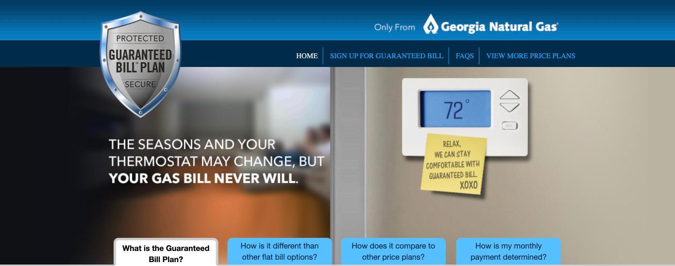 Guaranteed Bill landing page: a thermostat at 72 degrees with a sticky note reading Relax, we can stay comfortable with Guaranteed Bill, beside the headline The seasons and your thermostat may change, but your gas bill never will.