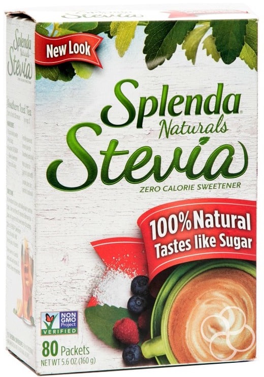 Adopted package: larger Stevia lettering and a red 100% Natural, Tastes like Sugar banner.